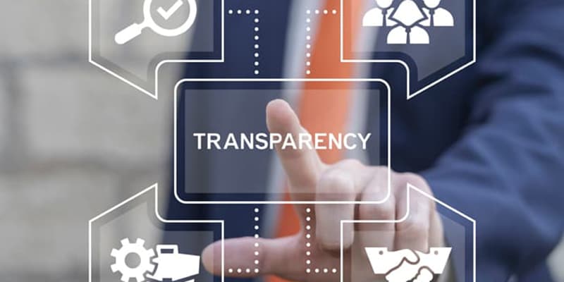 Government employee in a suit and tie selecting a digital transparency option on an overlay.
