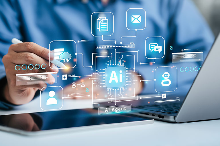 Person using a tablet with an AI agent interface displaying connected icons for documents, messages, and user tasks, illustrating automated workflow coordination.