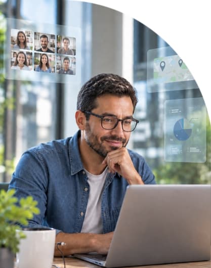 Person using a laptop with a virtual audience dashboard showing video profiles, user data, and engagement analytics.