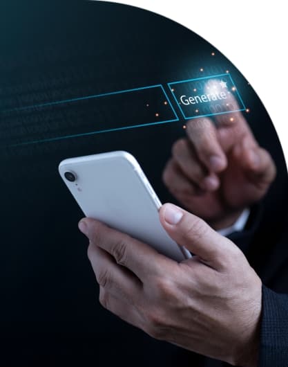 Person holding a smartphone and interacting with a digital ‘Generate’ button on a virtual interface.