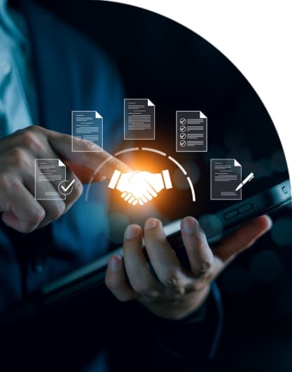 Icons for permitting and licensing float on screen over a person using their mobile device.