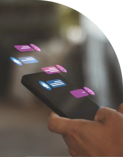 A person uses a smartphone displaying floating chat messages, representing AI-powered tenant support.