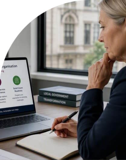 Person taking notes beside a laptop displaying a strategic planning presentation, seated at a desk near a window.