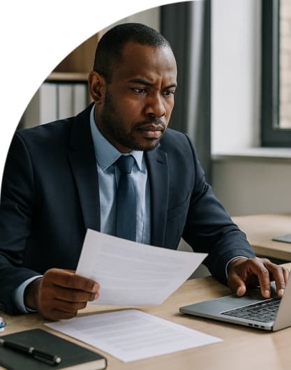 A man stares intently at a laptop screen while going through sheets of written content.