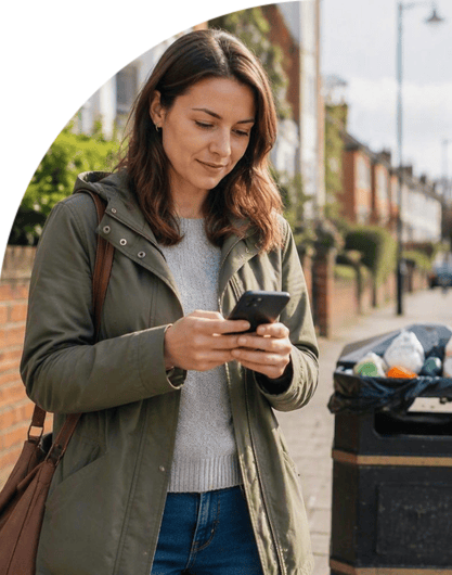 Person standing on a residential street using a smartphone beside a public litter bin.