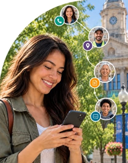 Person using a smartphone outdoors with connected contact icons for messaging, calls, location, and forms, representing digital community outreach.