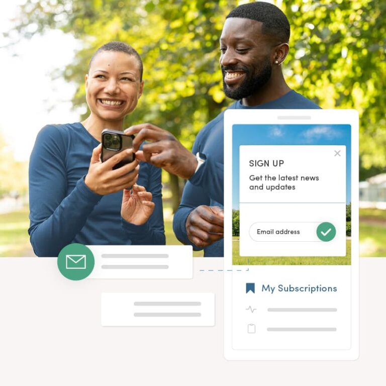 A happy, athletic African-American couple signing up for community news and updates on their phone. Overlay 1: A phone screen showing the sign-up screen and account dashboard. Overlay 2: An email message sent, highlighting a 98% deliverability rate for government emails.