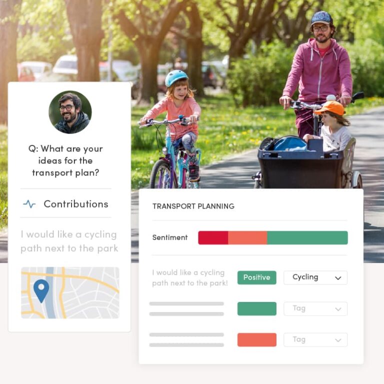 A young father riding his bicycle with his two daughters on a cycling path next to a public park. Overlay 1: Granicus' engagement platform showing his feedback during a transport planning initiative, where he requested the cycling path. Overlay 2: Sentiment analysis software analyzing his feedback as positive, highlighting community-driven improvements.