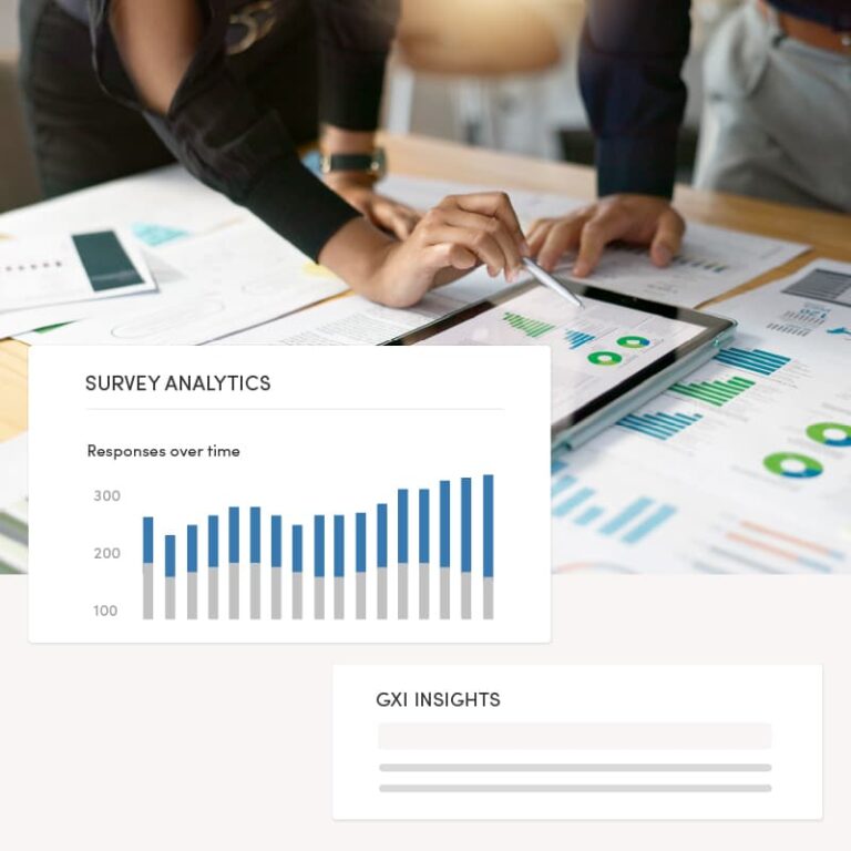 A male and female colleague leaning over a desk reviewing data analysis results. Overlay: A survey analytics line chart displaying responses over time, alongside GXI AI insights for actionable decision-making.