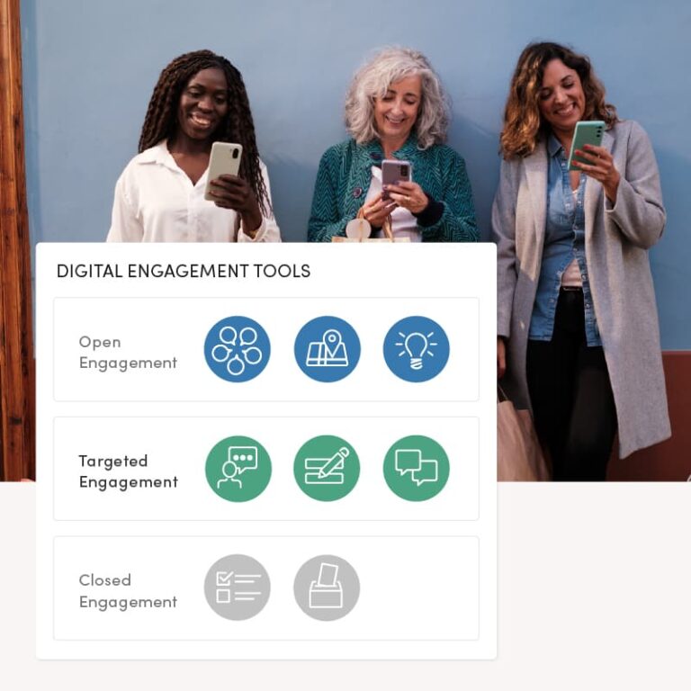 A diverse group of women smiling and reacting to tailored messages received on their cell phones. Overlay of engagement tools in Granicus' Engagement Cloud, including Targeted Engagement.