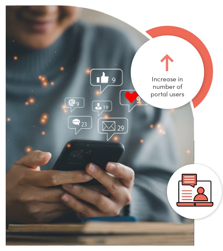 Hands holding a smartphone with social engagement icons floating above, representing citizens actively sharing input and participating in community decisions.