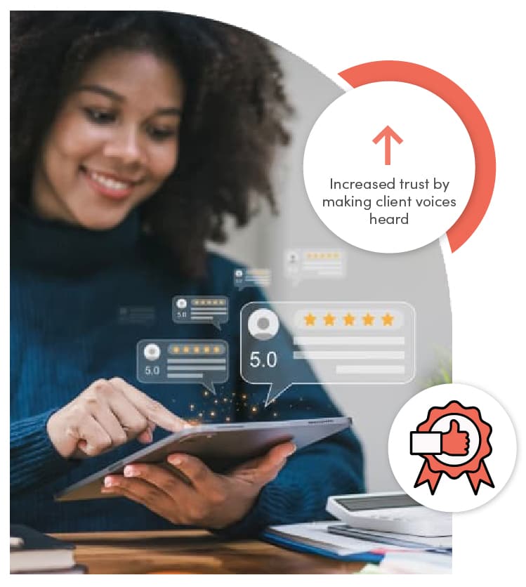 A person uses a tablet displaying digital feedback and star ratings, representing transparent access to information and stakeholder input.