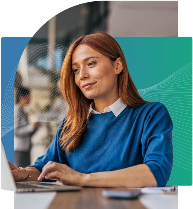 Confident red-haired woman in a blue sweater works on a laptop in an office, framed by GXVS-themed teal and blue abstract graphics.
