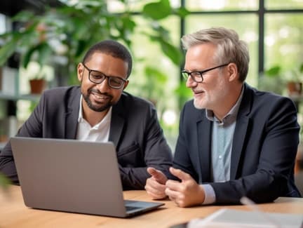 Two inspired male colleagues in casual suits working on a laptop in a bright room.