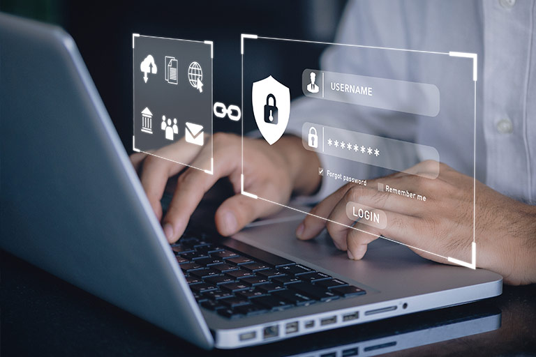 Person typing on a laptop with overlaid secure login and encrypted data icons, representing protected government systems and controlled access to sensitive information.