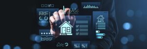Real estate management digital interface with futuristic housing data icons and analytics on creative background.