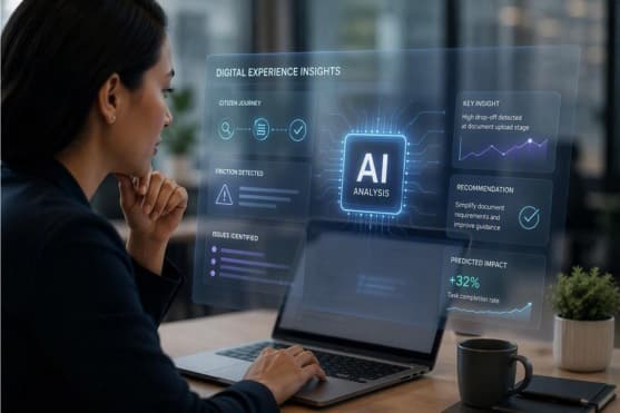 Person working on a laptop with an AI analytics dashboard displaying digital experience insights, recommendations, and performance metrics.