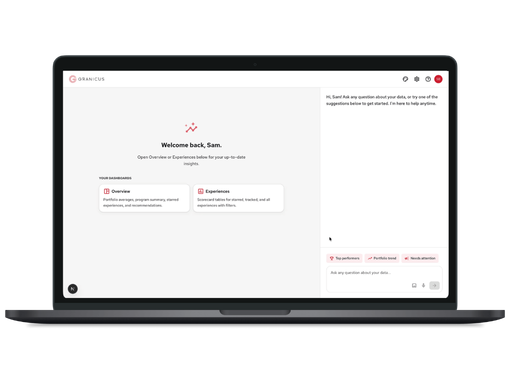 Granicus AI assistant dashboard on a laptop screen, prompting goal selection with Overview and Experience options and a chat panel.