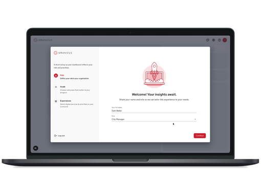 Laptop displaying a welcome setup screen with a sidebar checklist and form fields for name and role, plus a rocket launch illustration.