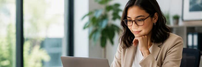 Professional wearing glasses works on a laptop in a bright office with large windows and indoor plants.