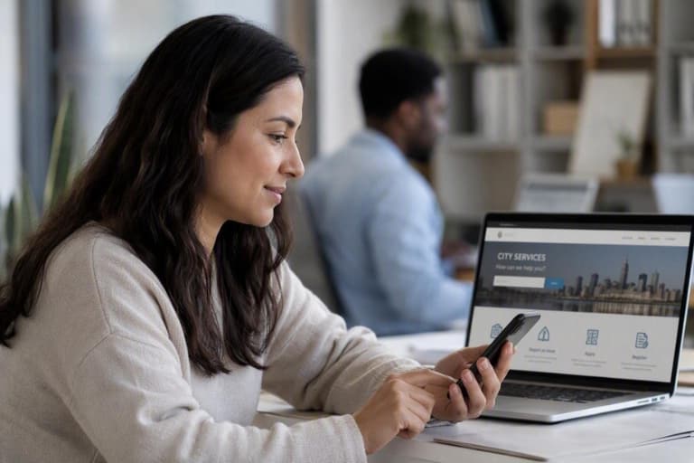 Person using a smartphone beside a laptop displaying a city services website in a modern office.