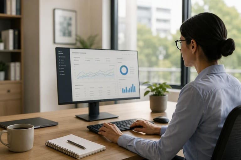 Person working at a desk, viewing data analytics charts and graphs on a desktop monitor in a bright office.
