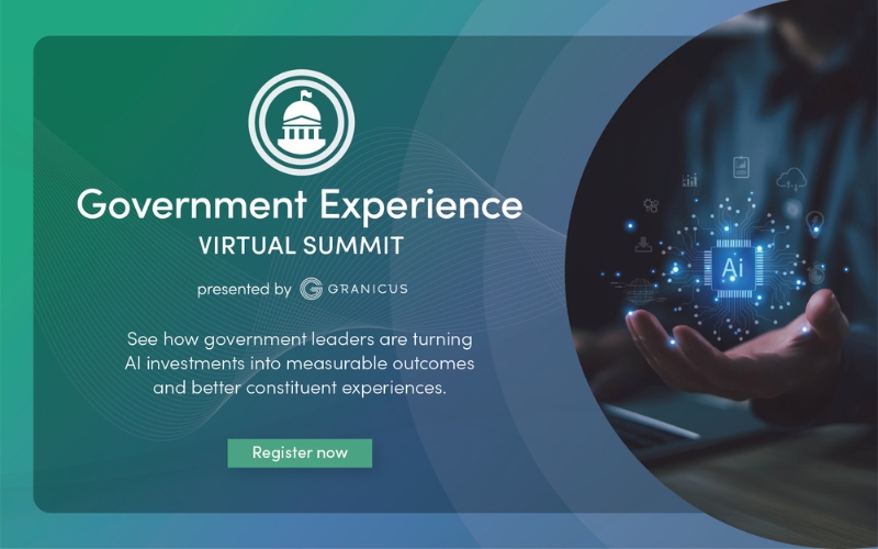 Government Experience Virtual Summit banner by Granicus, featuring AI technology graphic above a hand and a government emblem.