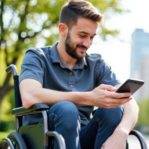 Man in a wheelchair using his phone to easily access digital government services.
