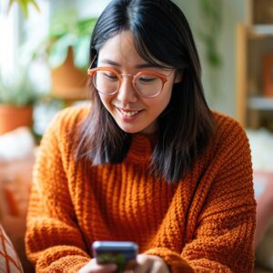 Asian woman sitting at home using her smartphone to easily access government digital services.