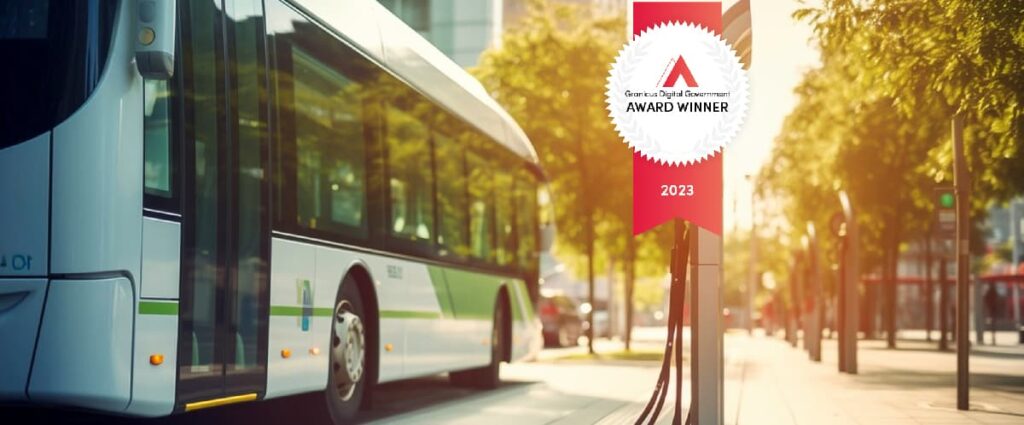 Energy efficient transit bus in California and Granicus Digital Award badge