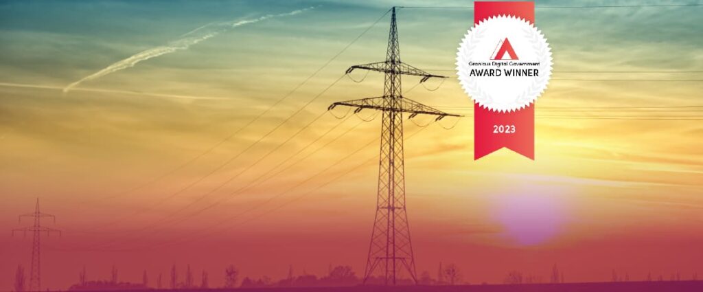 Ontario Canada power lines and tower with Granicus Success Story award badge