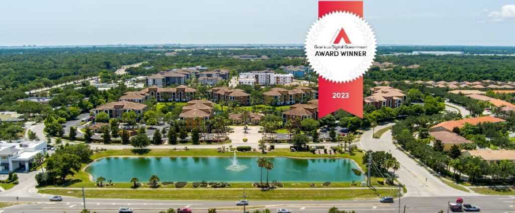 Aerial view taken above North Sarasota, Manatee County, Florida and Granicus Digital Award badge