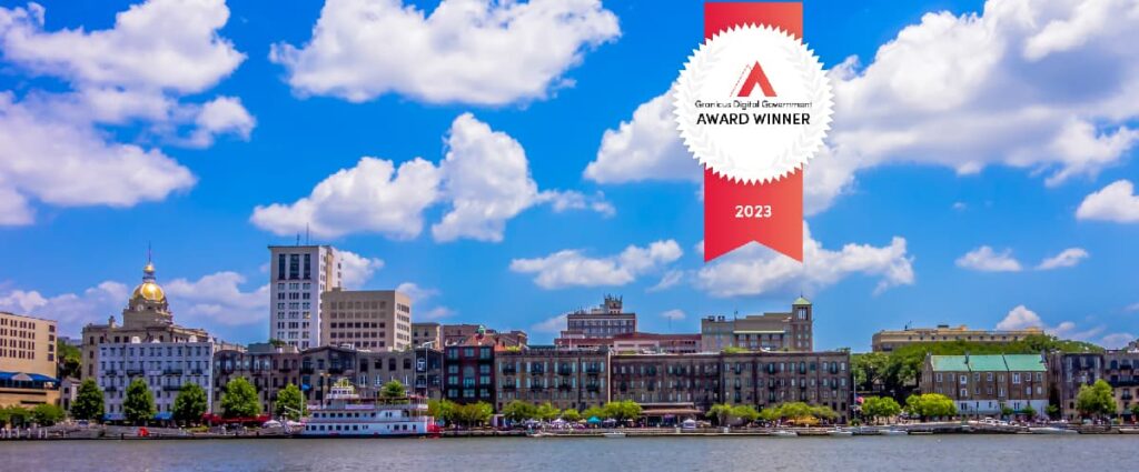 Savannah, GA water way with a digital award winner ribbon