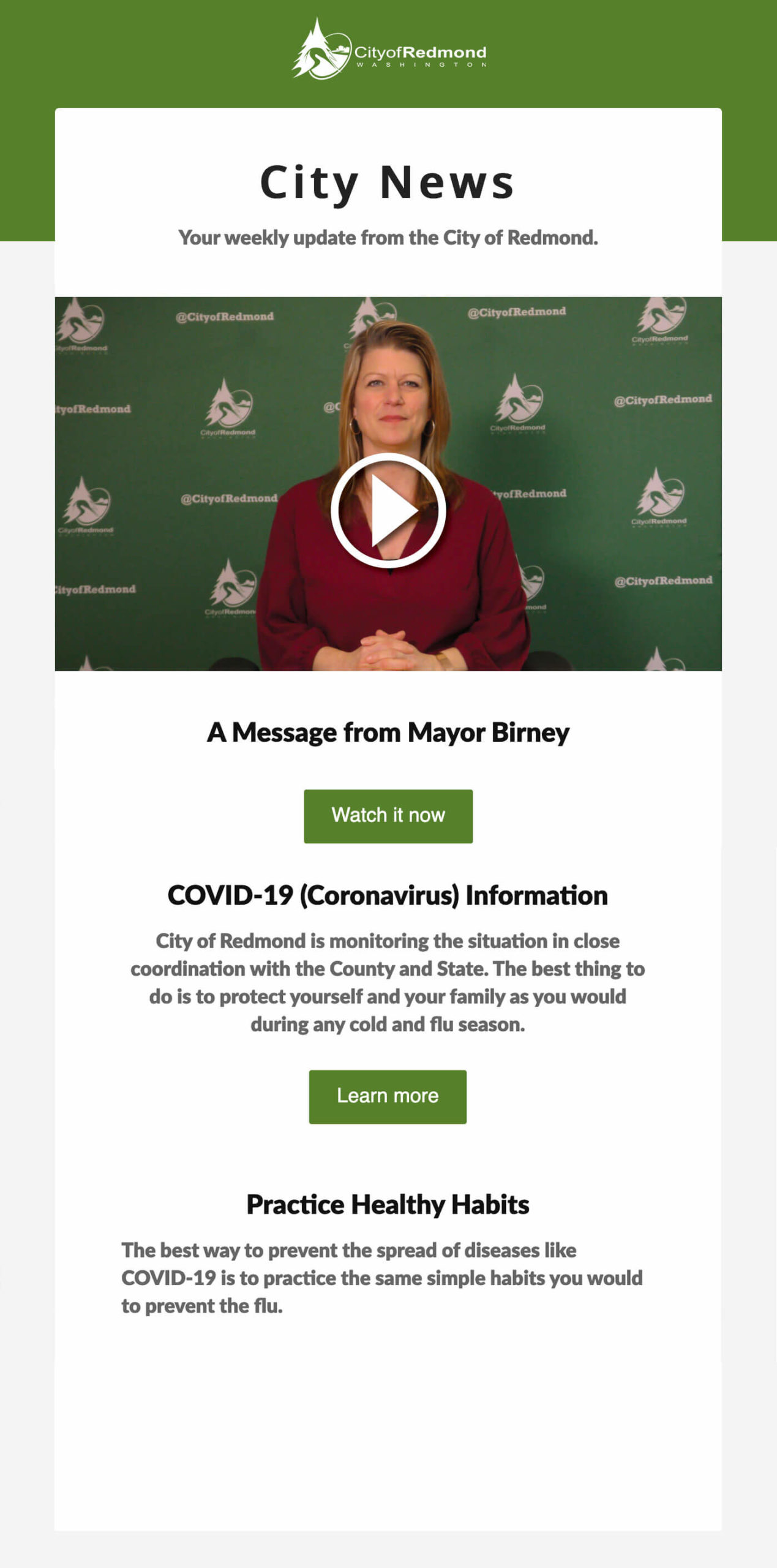 COVID:19 email message from mayor of Redmond, California