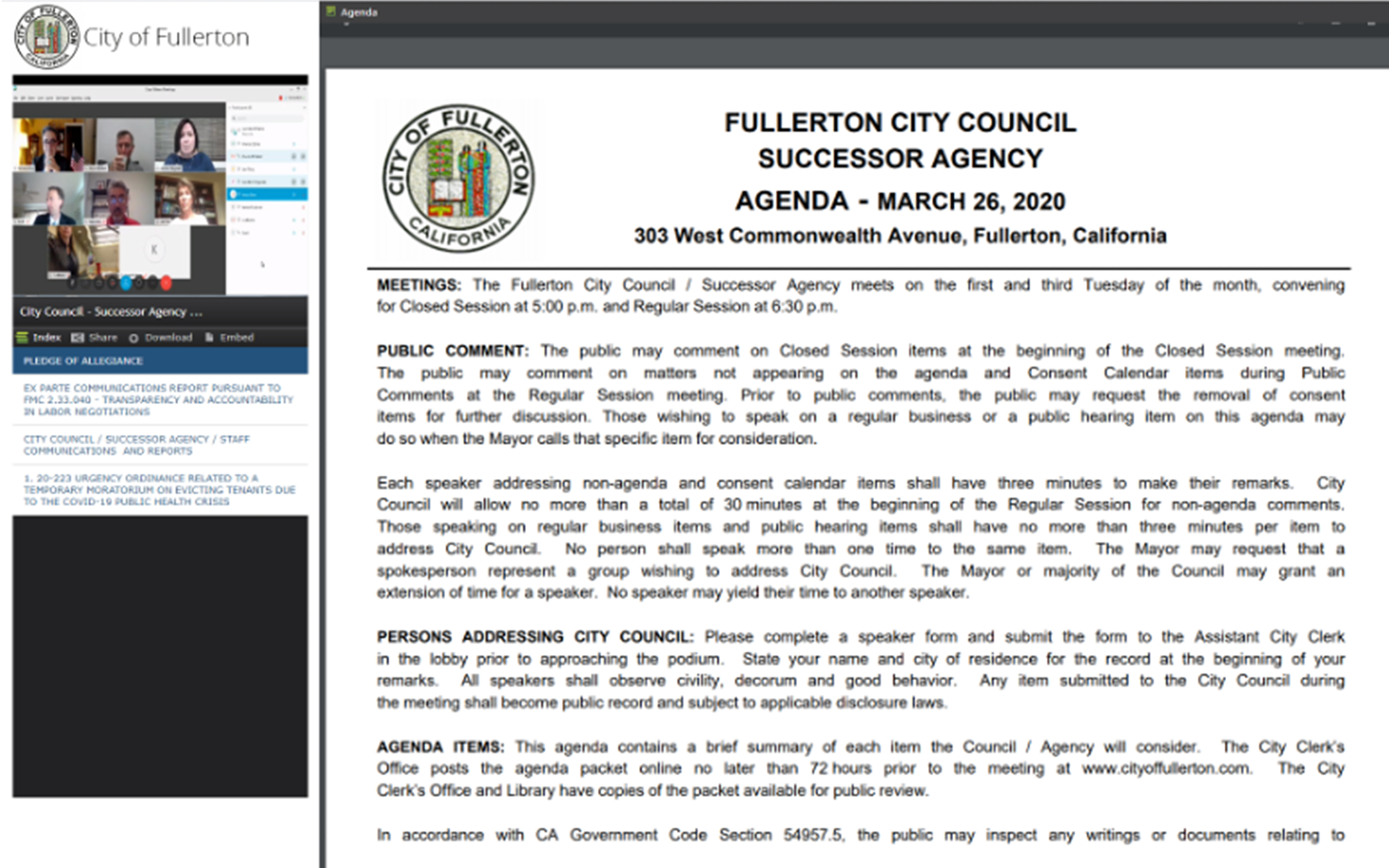 A screenshot of Fullerton's virtual meeting with councilmembers joining remotely and a meeting agenda.