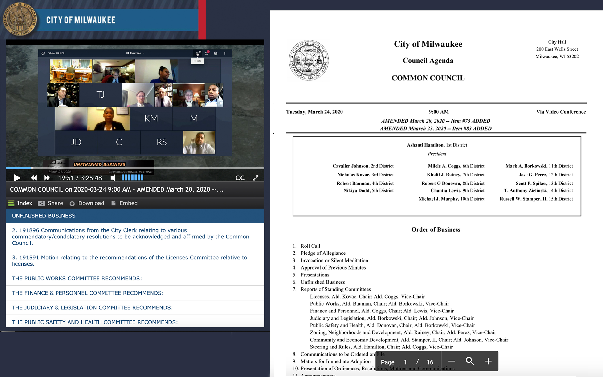 A screenshot of Milwaukee's virtual meeting with councilmembers joining remotely and a meeting agenda.