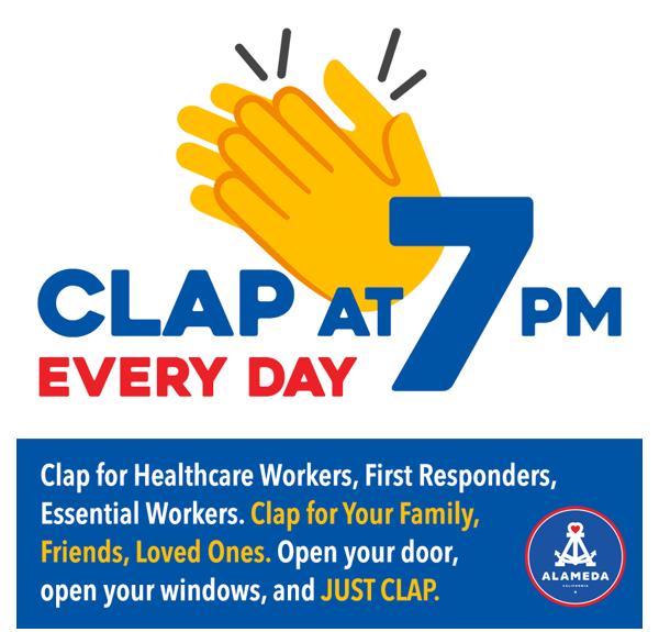 An illustrated graphic of the hand emoji encourages Alameda resident to clap at 7 each night.