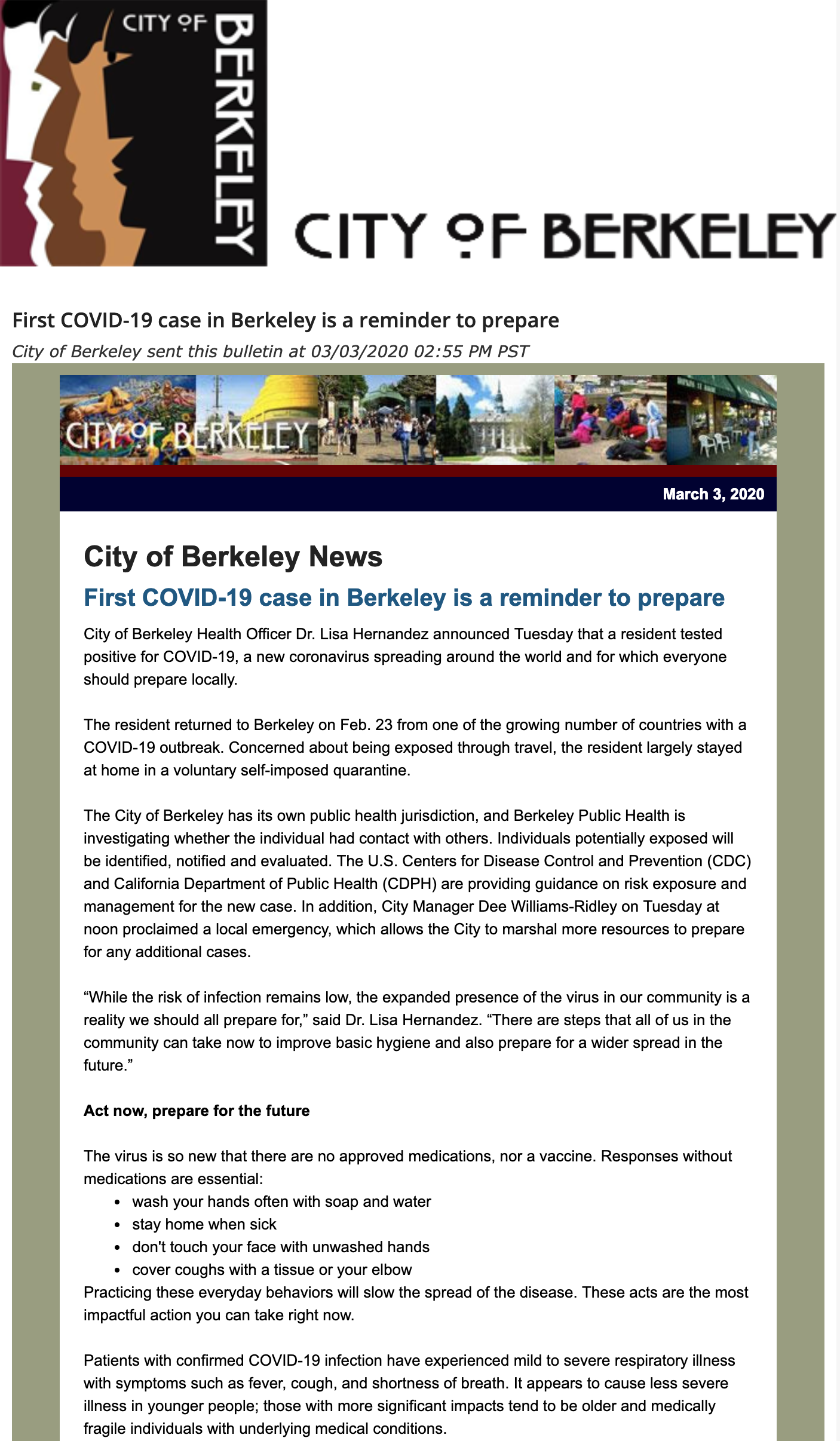 screenshot of email bulletin sent by City of Berkeley 