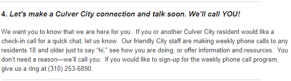 A screenshot of the email's section where Culver City offers a weekly phone call program. 