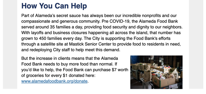 excerpt from Alameda email with title "How You Can Help" with instructions for donating to the local food shelter