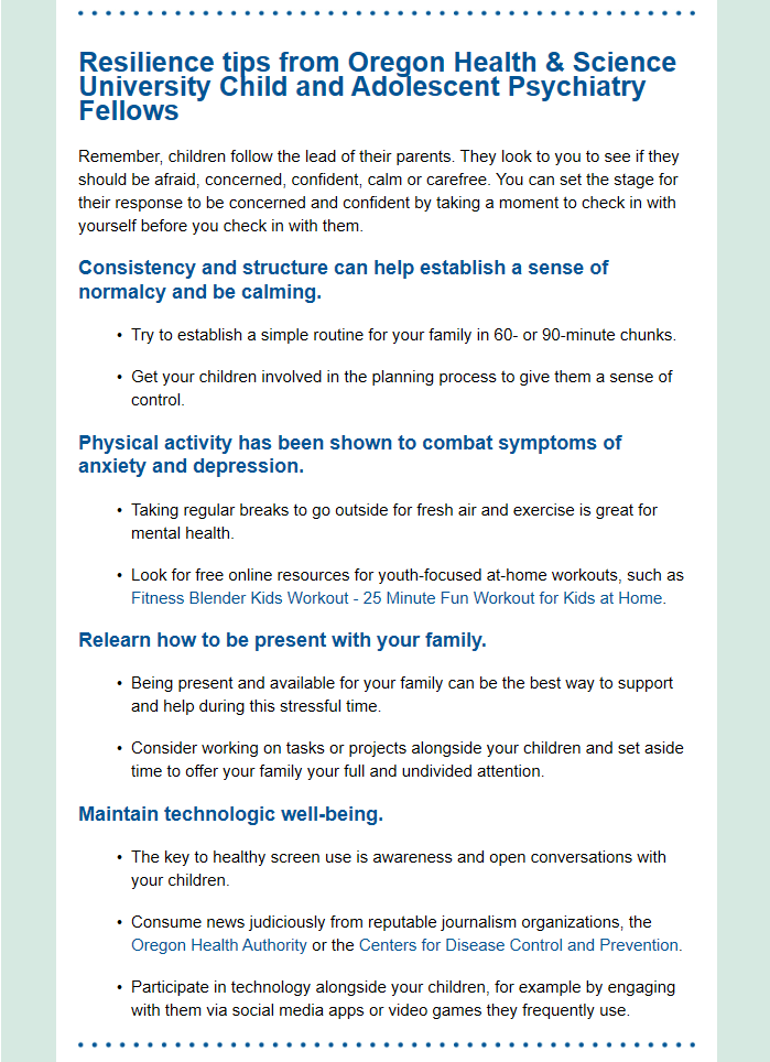 A screenshot of the email's first section which provides parents with tips.