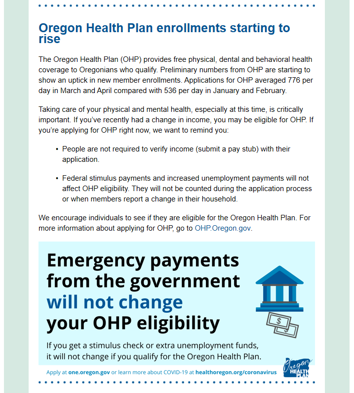 Screenshot of the email's second section, which provides information on oregon's health plan. It includes a graphic that says "Emergency payments from the government will not change your OHP eligibility.