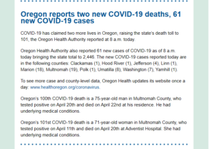 A screenshot of the email's third section, which provide COVID case and death numbers by county for the day.