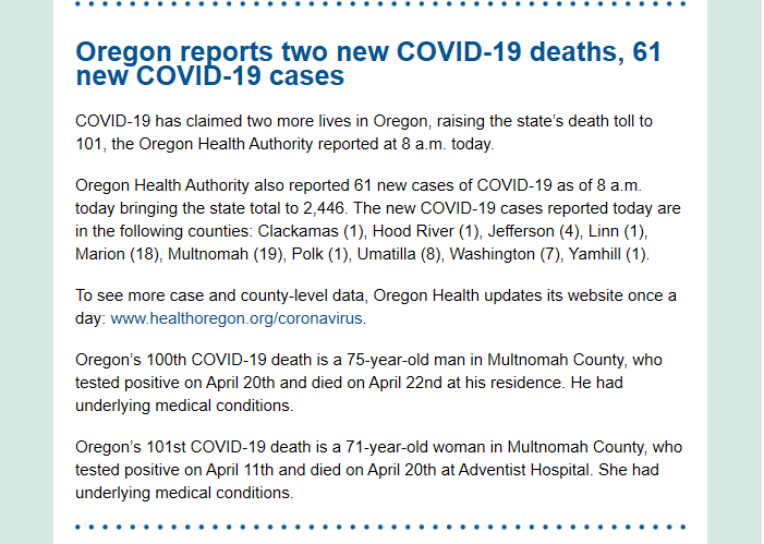 A screenshot of the email's third section, which provide COVID case and death numbers by county for the day.
