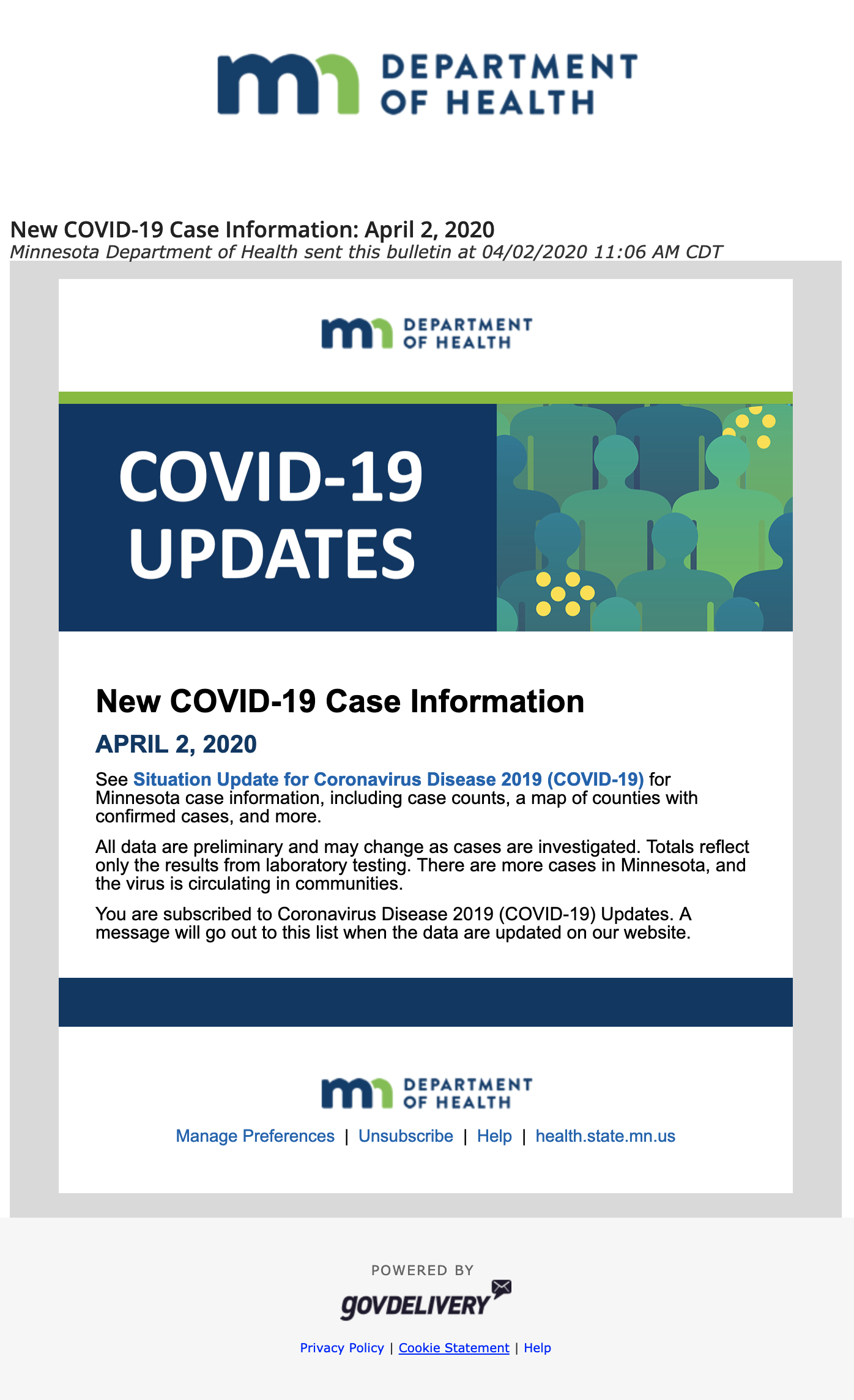 screenshot of email from MN Department of health
