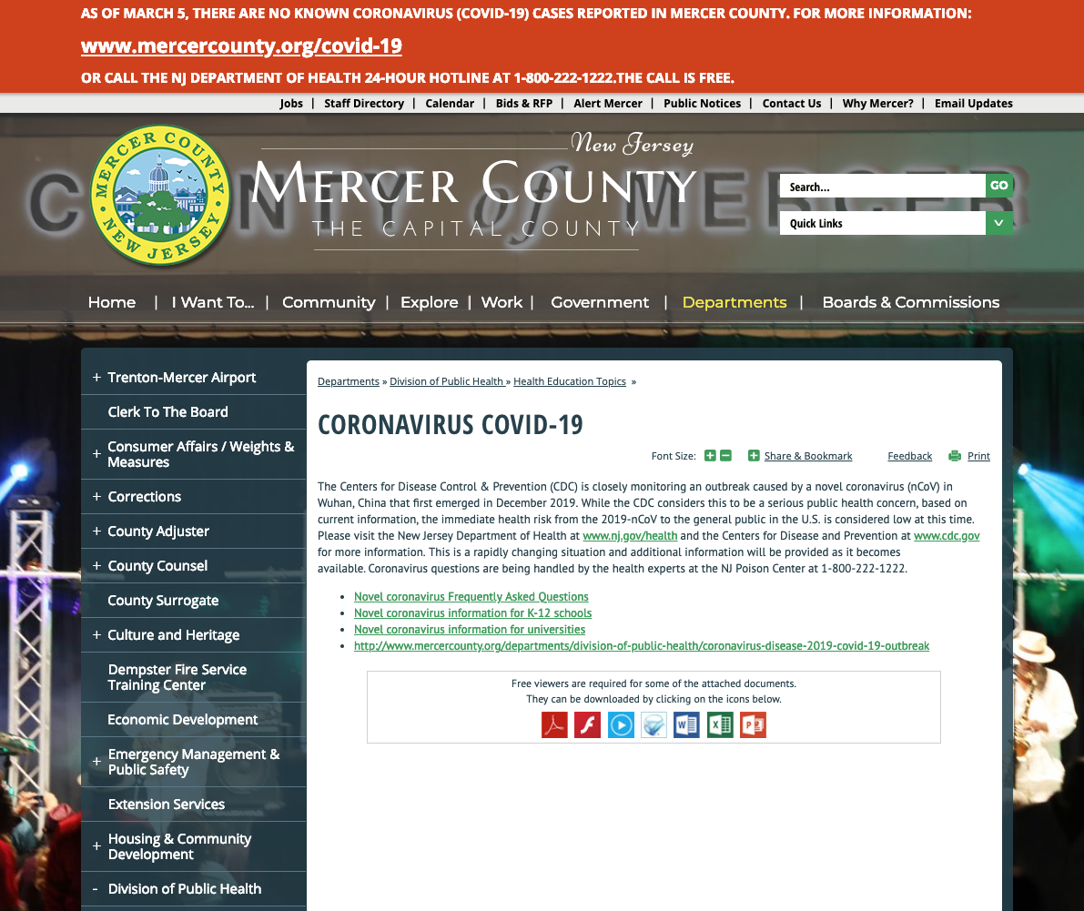 COVID:19 webpage update for Mercer County, New Jersey