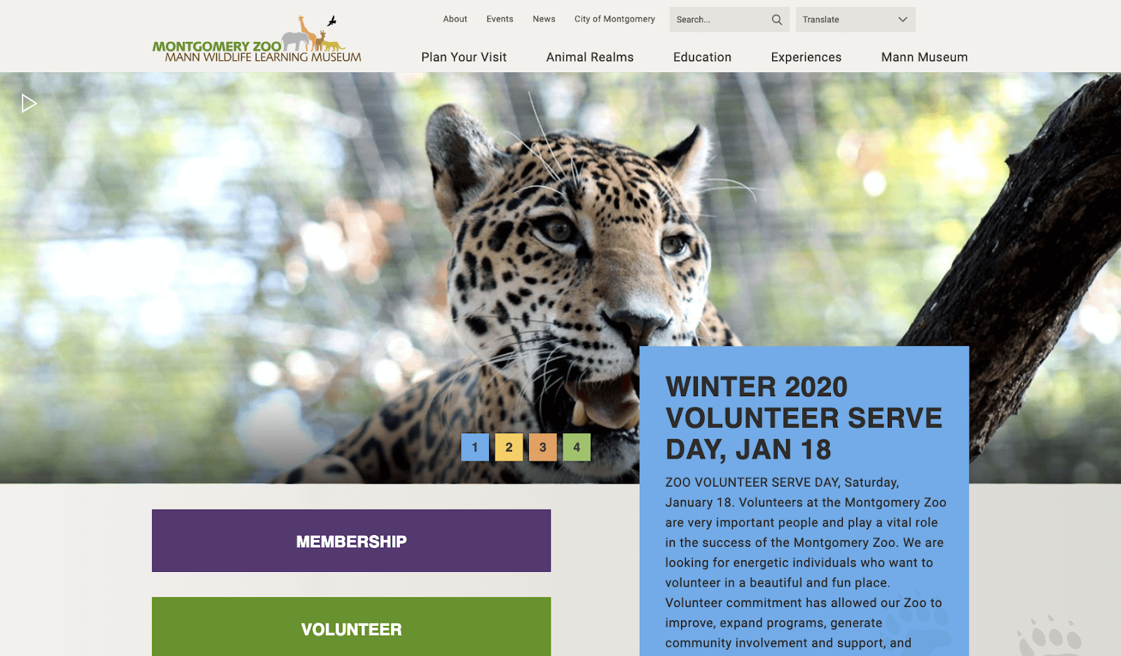A screenshot of Montgomery Zoo's website