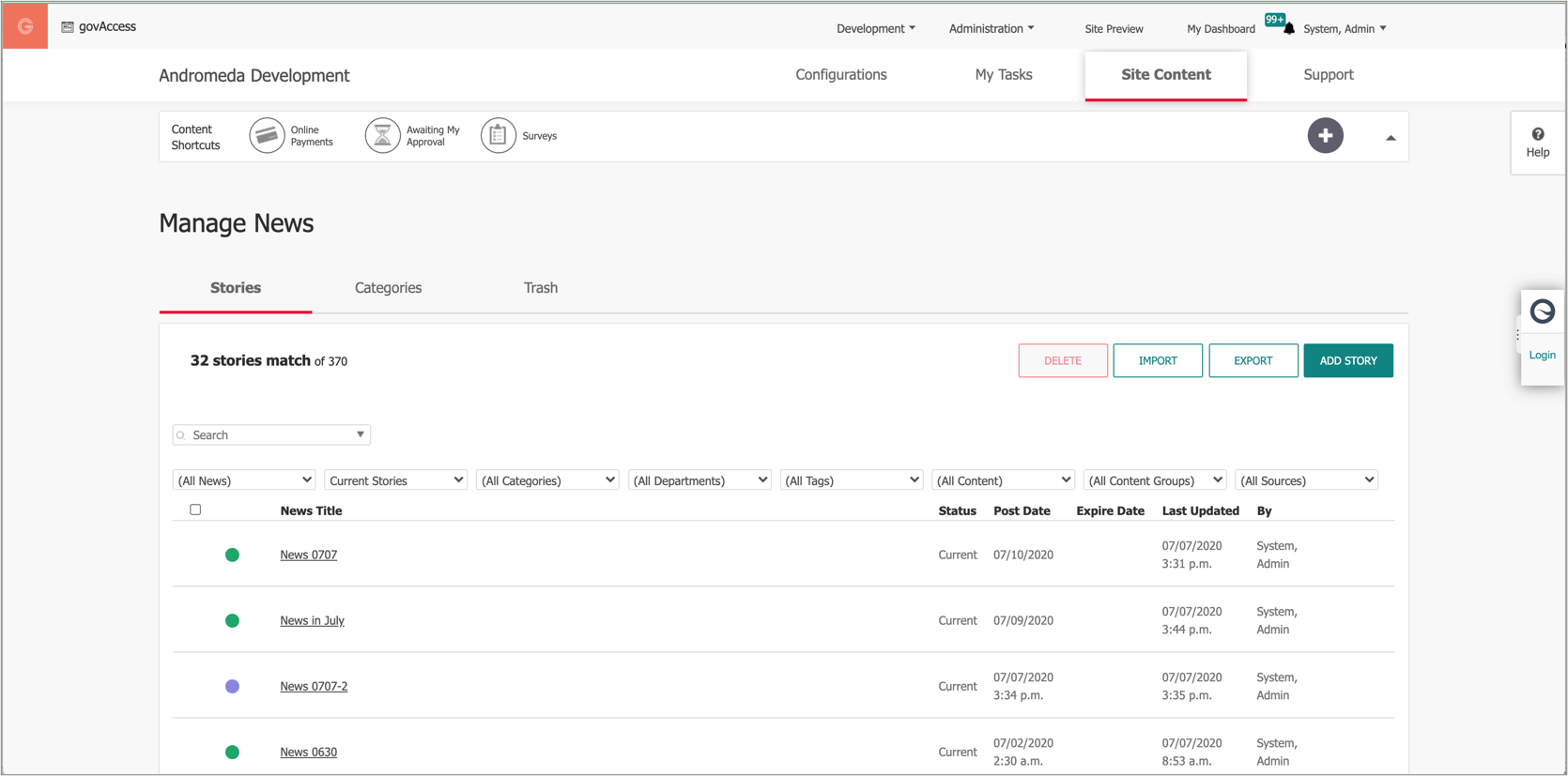 Screenshot of New Manage View