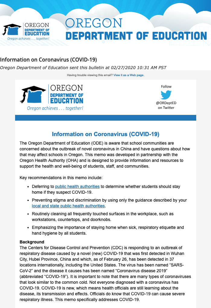 COVID:19 email update from Oregon Dept of Education