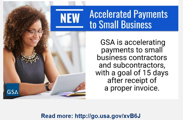 Screenshot of SBA's graphic shows a woman smiling at a tablet. The graphic provides a link to learn more about Accelerated Payments to Small Business.